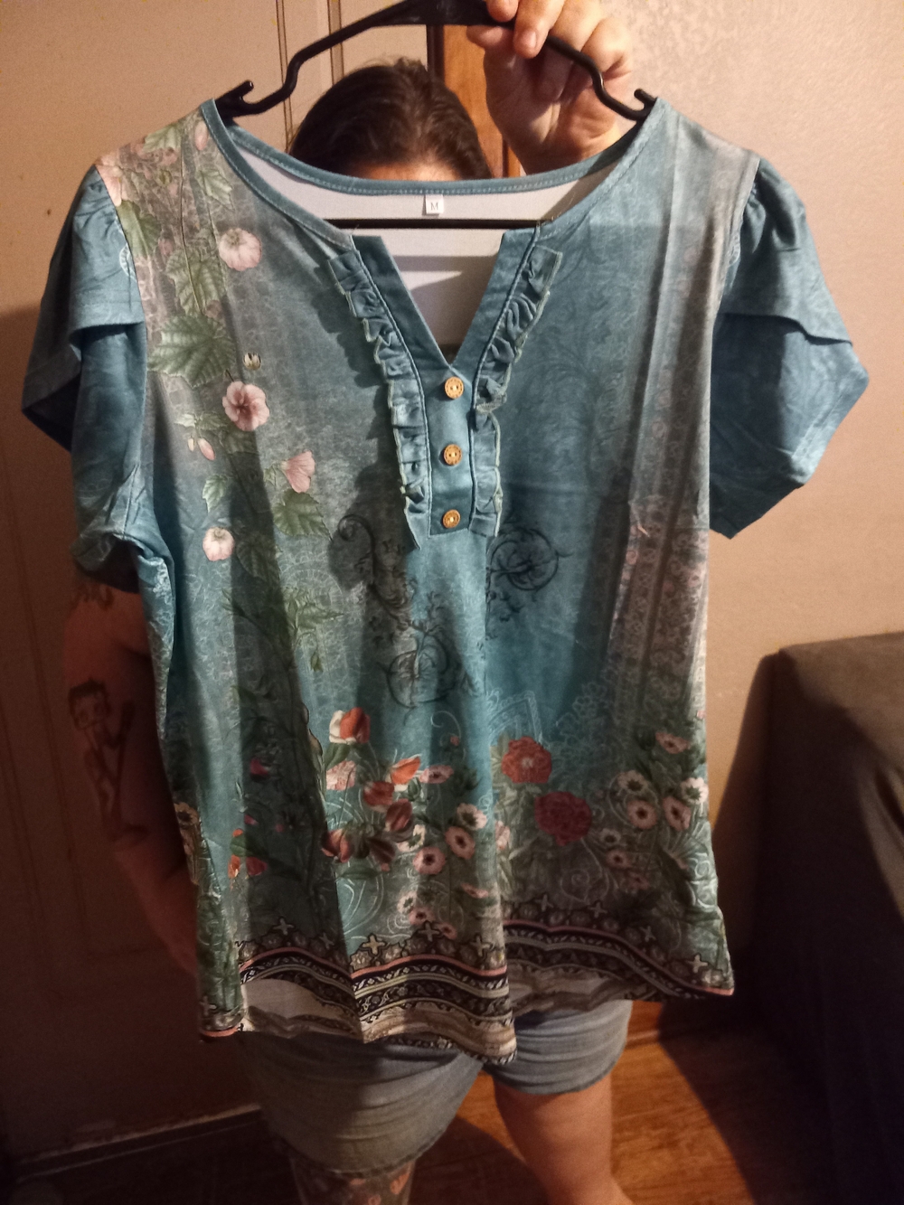 Women's Floral Ruffle Henley Top - Teal